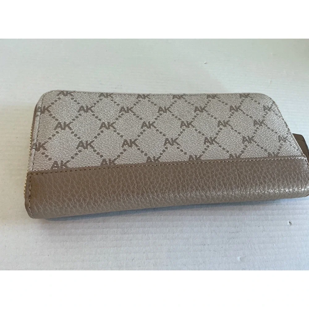 Anne Klein Monogram Zip Around Wallet Taupe Beige Logo Gold Tone Lion Large Slim